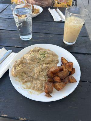 Biscuits and gravy,  cold brew white