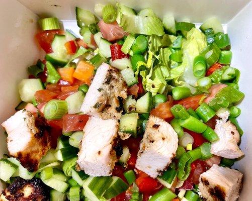 MAX'S CHOPPED $11.95 Romaine,Cucumber,tomato,red pepper,carrots,green beans,scallions,  gorgonzola, sherry vinaigrette + grilled chicken