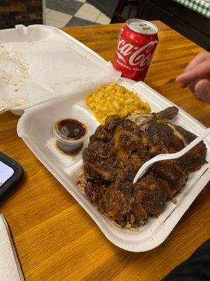 Combo Plate: Oxtail, Jerk Chicken, Jalapeño Mac, Rice Red Beans & Rice, and Bbq Jerk Sauce. $19.00 (drink not included)