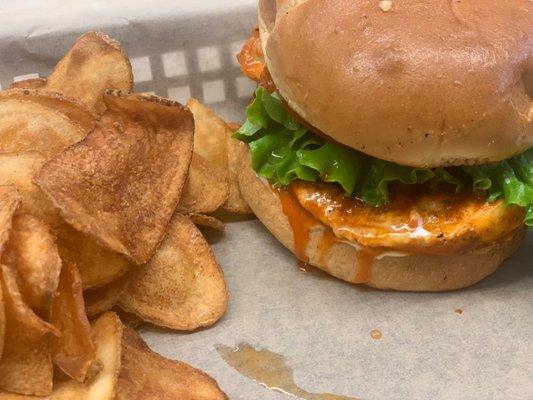 Blackened chicken sandwich with Buffalo sauce and ranch. So juicy!!!