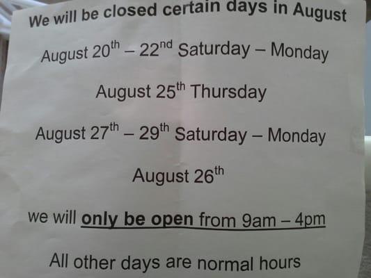 August special business hours