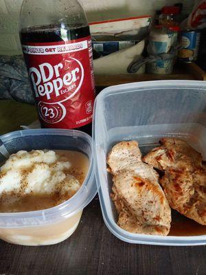 Chicken breaststroke with mashed potatoes and "never-too much"gravy.