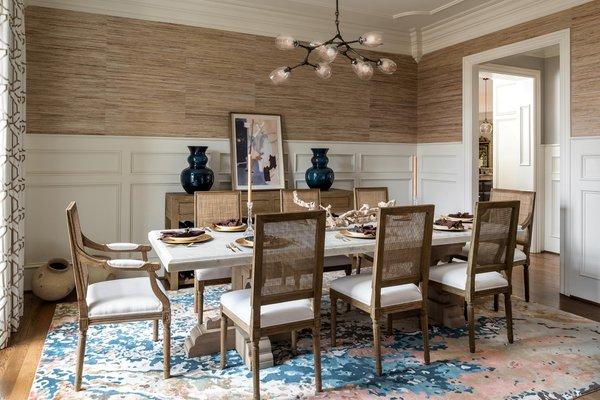 A mix of rich textures and color makes for a dining room one wants to linger in.