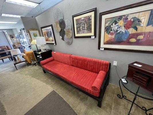 Red and black wood sofa