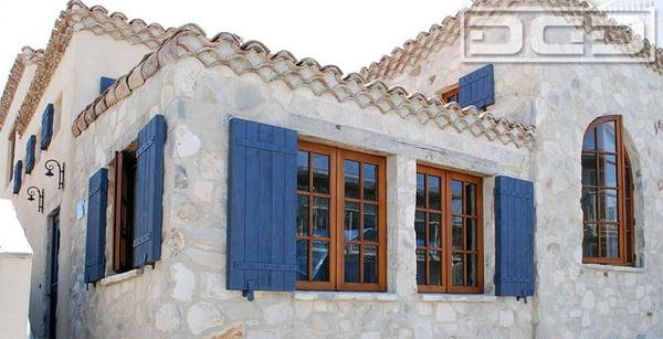 Blue Rustic Shutters in a Tuscan Architectural Design by Dynamic Garage Door.