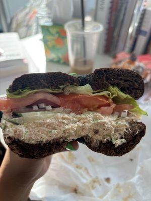 Tuna Salad Sandwich on Pumpernickel Bagel