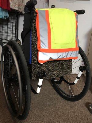 Quickie Wheelchair from Access Medical, with my handmade Wheelchair bags made from all Recycled materials