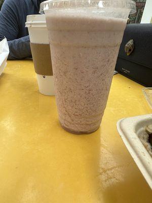 Strawberry fields smoothie, kinda melty and separated after sitting without being notified that it was ready