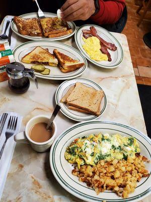 Spinach & Feta Omelette,  French toast, Grilled Cheese