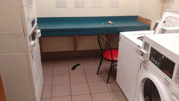 small little laundry room couple washers and dryers somebody said to leave a sock