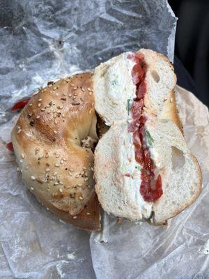 Everything bagel with scallion cream cheese and roasted peppers