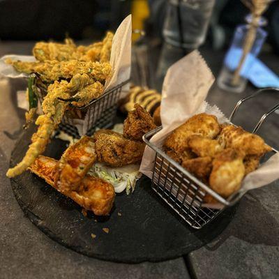 Starter sampler: Eggrolls, Wings, Fried Okra, Fish Nuggets