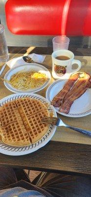 12/13/22 lite breakfast Waffle bacon and only a single order of hash browns not the double like usual. Cawfee