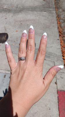 Small pointy acrylics that are French Tip covered in Chrome. Exactly like the picture I had saved for reference