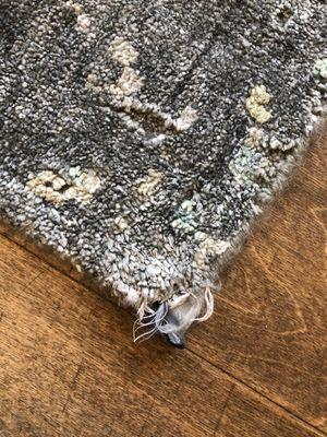 Damage to corner of our new silk and wool rug. Naughty puppy!