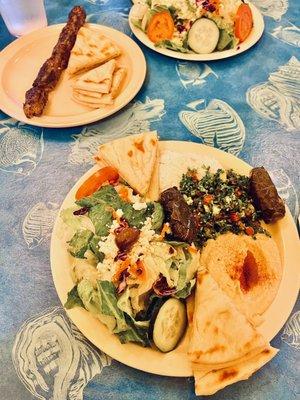 Greek salad, lamb kebab, veggie sampler