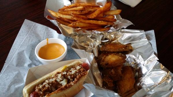 Dog, wings, and Beer battered fries.