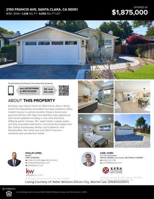 Santa Clara home, located near tech hub. scan qr code for info.Philliplopezrealtor,buyeragent,realestate,santaclarahome, hablo espanol