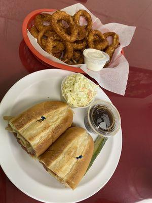 Pastrami dip and onion rings.