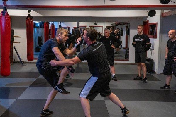 Tsun Jo® System Director Matt Soule demonstrating a low block / deflection and counter attack for self defense.