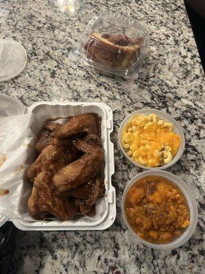 Smothered chicken, sweet potatoes, Mac and cheese