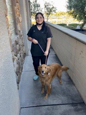 Ashly our awesome kennel attendant on a walk with our happy boarder