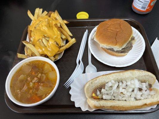 Cheese fries, dbl cheeseburger, soup, dog with everything