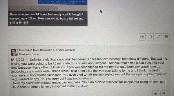 Zen Lashes - Shawna T, untrue response to my Yelp review