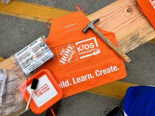 We're Home Depot Kids!  Everything that comes with the free kids workshop. Can take everything home minus the hammer and screwdriver.