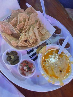 Chips Queso with Taco Meat and Chips