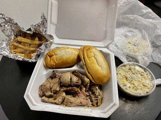 Brisket Plate with garlic bread, potato salad, and apple cobbler, DELICIOUS