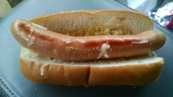 Fairly good dogs cooked on a hot top. Could have been cooked more and the kraut was cold. For $1.79 its still a bargain.