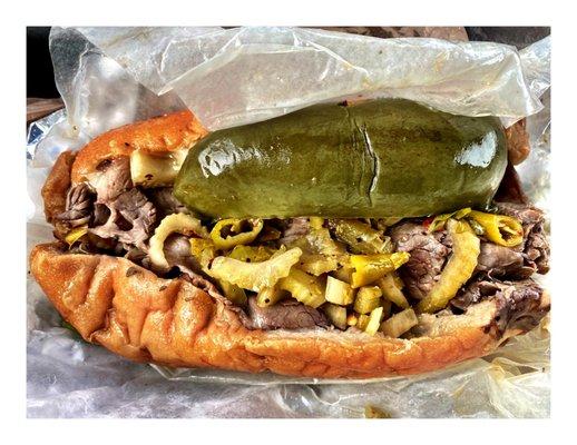 Classic Italian Beef Sandwich w/Sweet,Hot Peppers & Cheese and Deep.Mr.Beef.Chicago, IL Old School Chicago Fast Food Place.Cool!