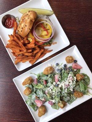 Hawaiian burger with sweet potato fries + Almond chicken salad.