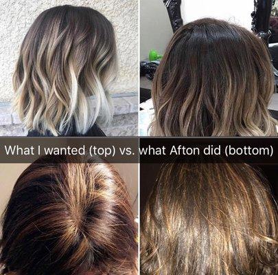 I asked for a balyage (like the top 2 pictures) and what my hair looked like after the appointment (bottom 2 pictures)