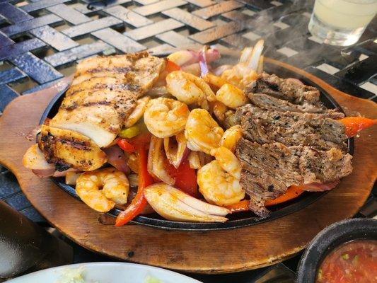 fajita with shrimp, chicken and steak