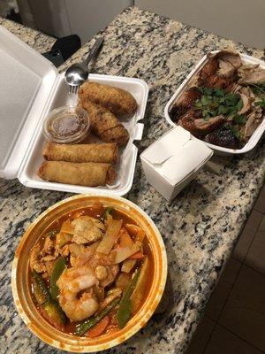 A5. Spicy Egg Rolls & Medium Rolls: too left. Top right: the E54. Love Me Tender Duck, and lastly the E43. Drunken Shrimp with Chicken.