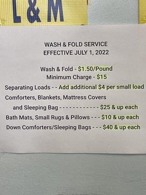 Updated prices for wash & fold service 5.18.2003