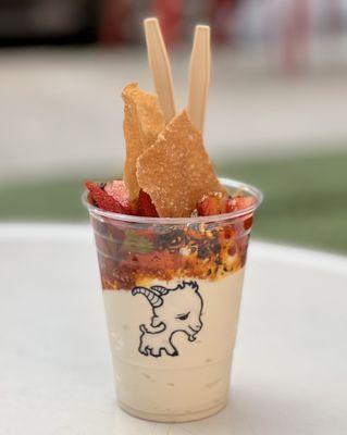 The Chili Crunch - vanilla soft serve, chili crunch, spiced wontons, strawberries and cilantro