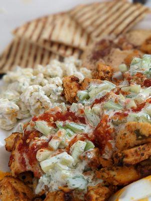 Chicken Shawarma plate, macaroni salad, hummus, pita bread