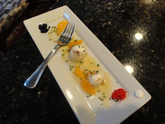 Butter poached Scallops with Caviar, Homemade Creme Fraiche in a Citrus Sherry Vinaigrette