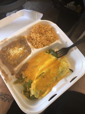 "Chile Relleno"-Chile's aren't breaded, just egg coating and filled with American cheese and NO sauce.