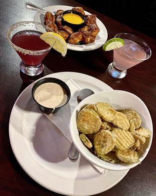 Battered pickles & Bavarian soft pretzels appetizers with lemon blueberry & berry cucumber martinis