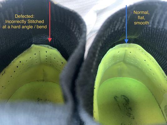 Defect on right boot compared to the left boot.