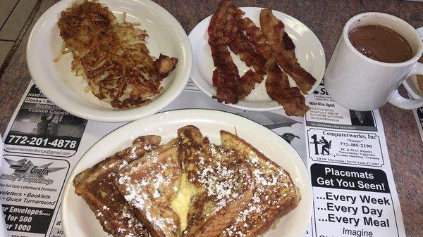 2 Large French Toast Breakfast, Hash Browns Breakfast, Bacon, and Hot Chocolate