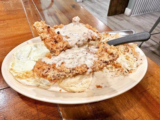 Chicken fried steak and eggs