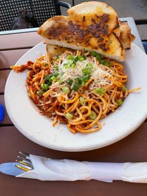 Spaghetti with homemade meat sauce and garlic Texas Toast $13