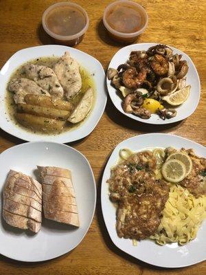 Chicken breast Vesuvio, Chicken Francese over fettuccine and frutti di mare alla griglia