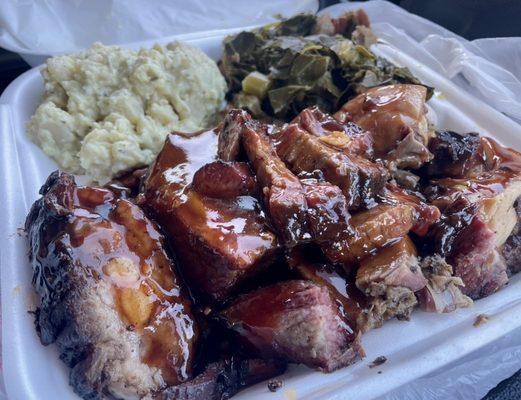 2-way combo: ribs, tri tip, potato salad, greens