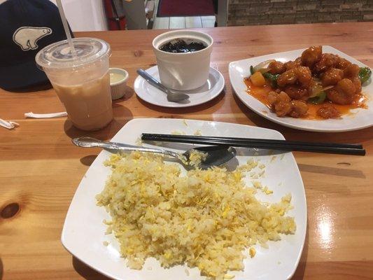 Milk tea,herbal jelly,sweet and sour chicken and egg fried rice